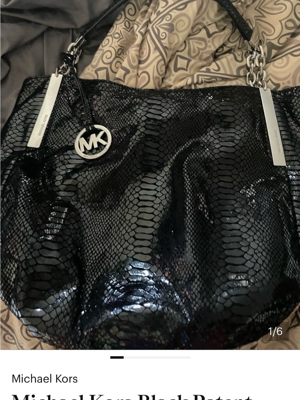Michael Kors Black Patent Snake-Embossed Hobo